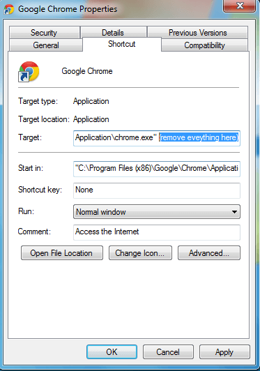 Dinoklafbzor org как избавиться. Google Chrome. Shortcut properties. Target removal. UNREALCEFSUBPROCESS что это.