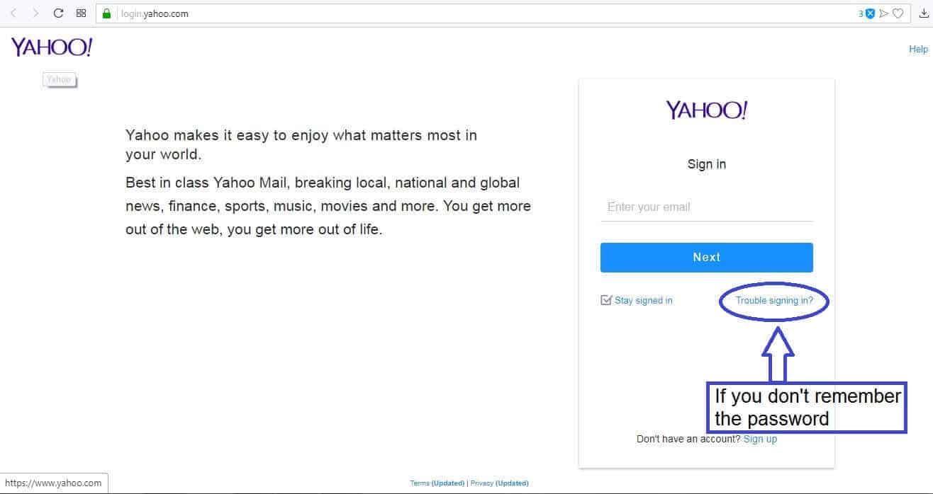 Yahoo Login screen