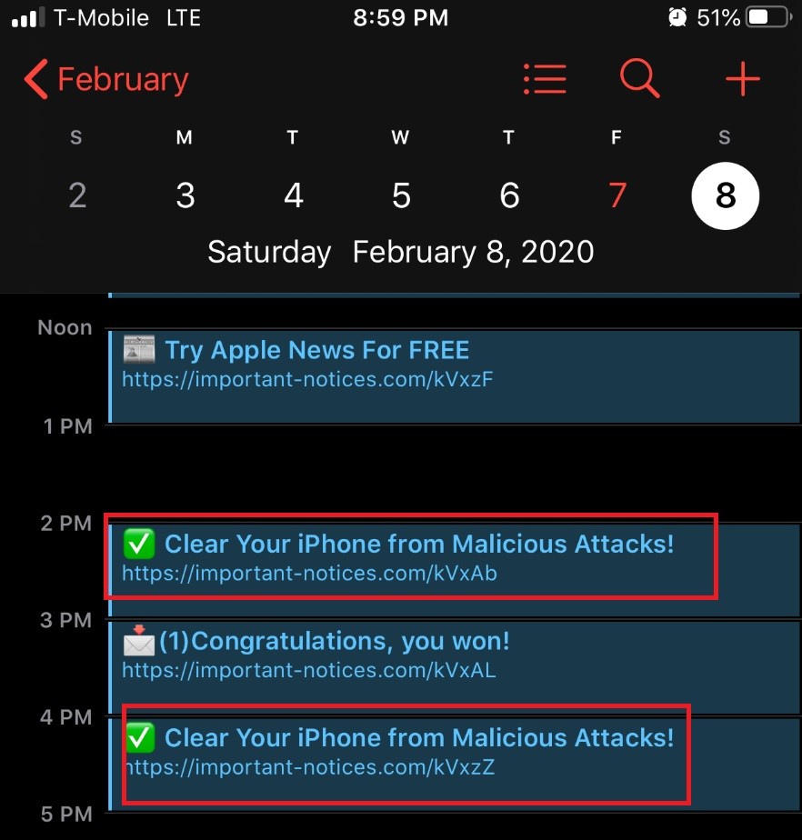 "Clear Your iPhone From Malicious Attacks" Calendar Spam Removal