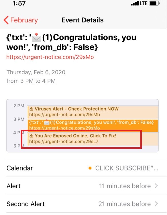 "You Are Exposed Online, Click To Fix" iPhone Calendar Virus Removal