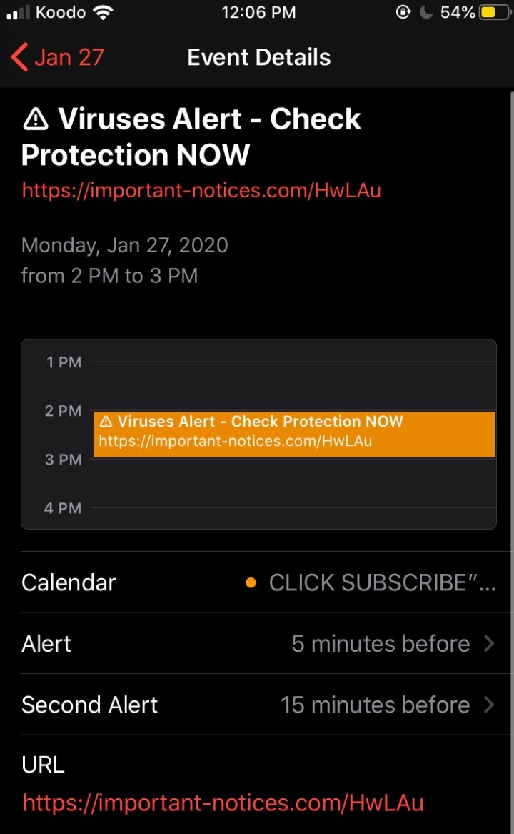 "Viruses Alert Check Protection Now" iPhone Calendar Spam Removal