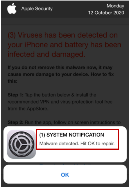 iphone system notification malware detected