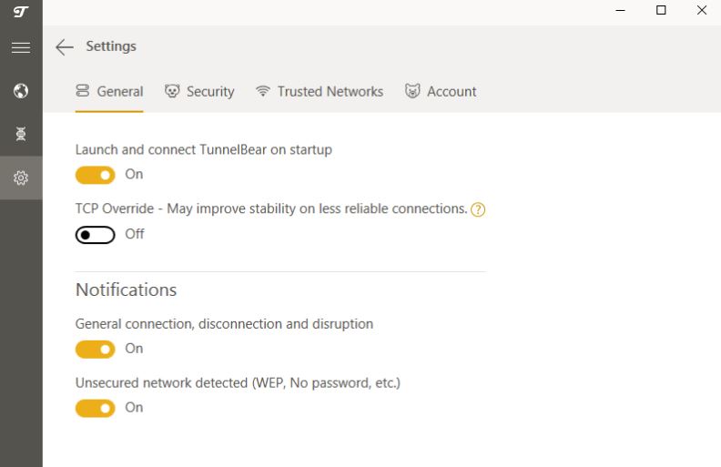 Tunnelbear Settings