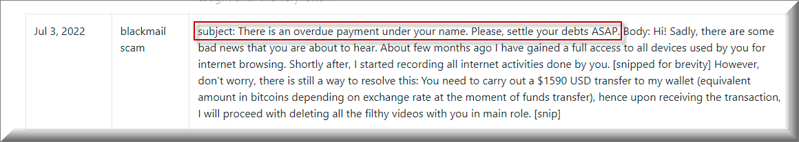 There is an overdue payment under your name. Please, settle your debts ASAP. Email Scam