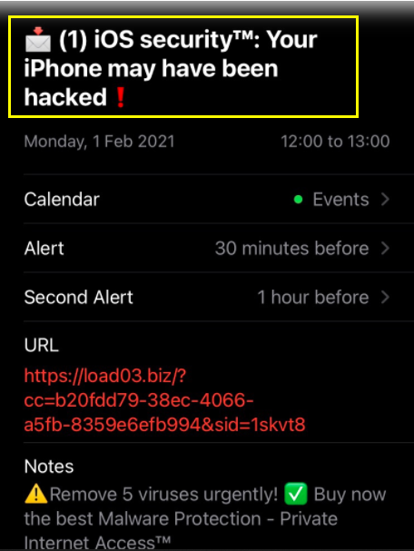 Your iPhone may have been hacked Calendar Message Removal