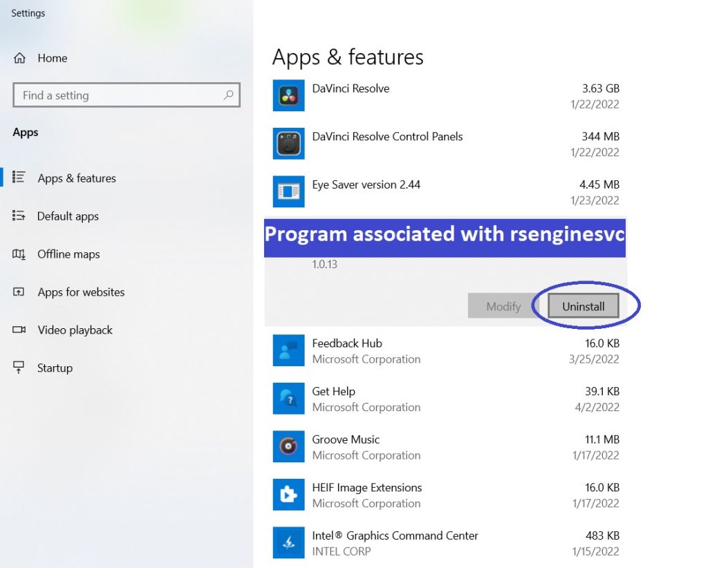 Accessing Programs and Features (uninstall rsenginesvc) in Windows