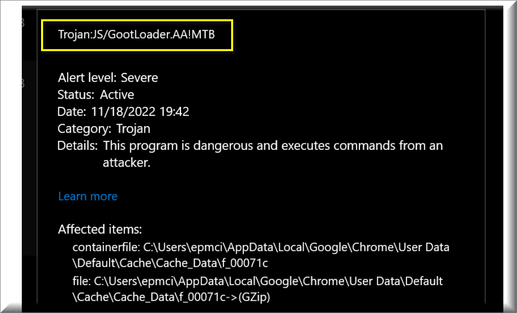 Antivirus alert window displaying the detection of GootLoader malware with a red warning sign.