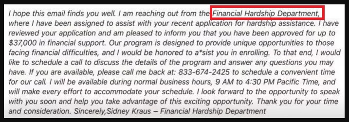 Financial Hardship Department Email