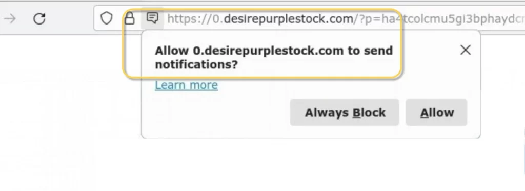 Desirepurplestock.com browser hijacker asking for permissions