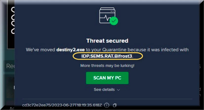 IDP.SEMS.RAT.Bifrost3 detection on antivirus program