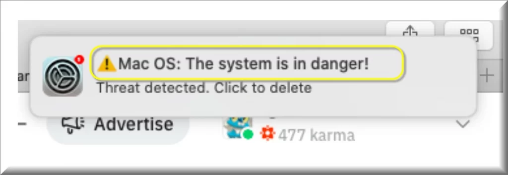 Mac OS: The system is in danger scam promoted popup on Mac