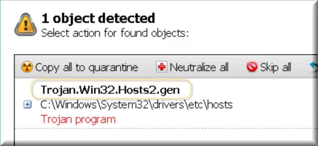 Trojan.Win32.Hosts2.gen detection on Antivirus program