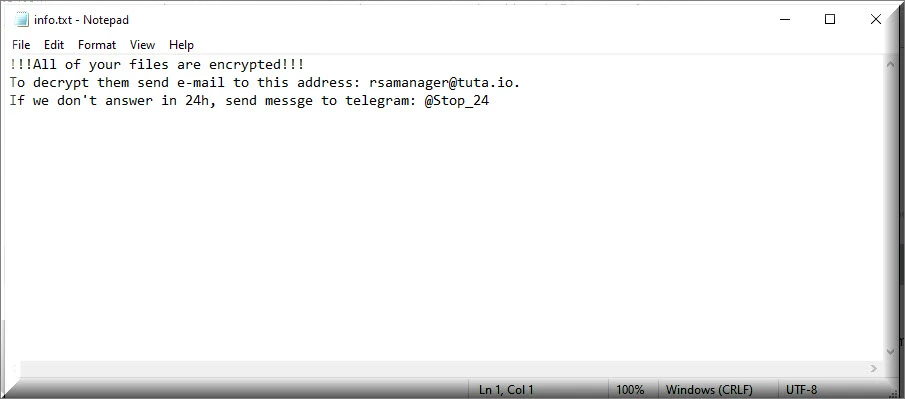 SHTORM ransomware text file (info.txt)