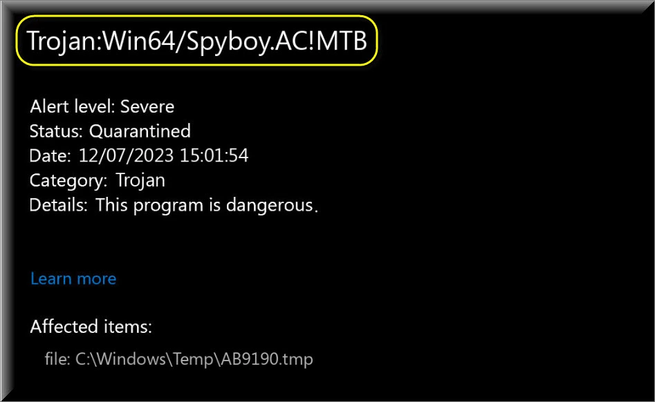 Spyboy trojan detection on antivirus program