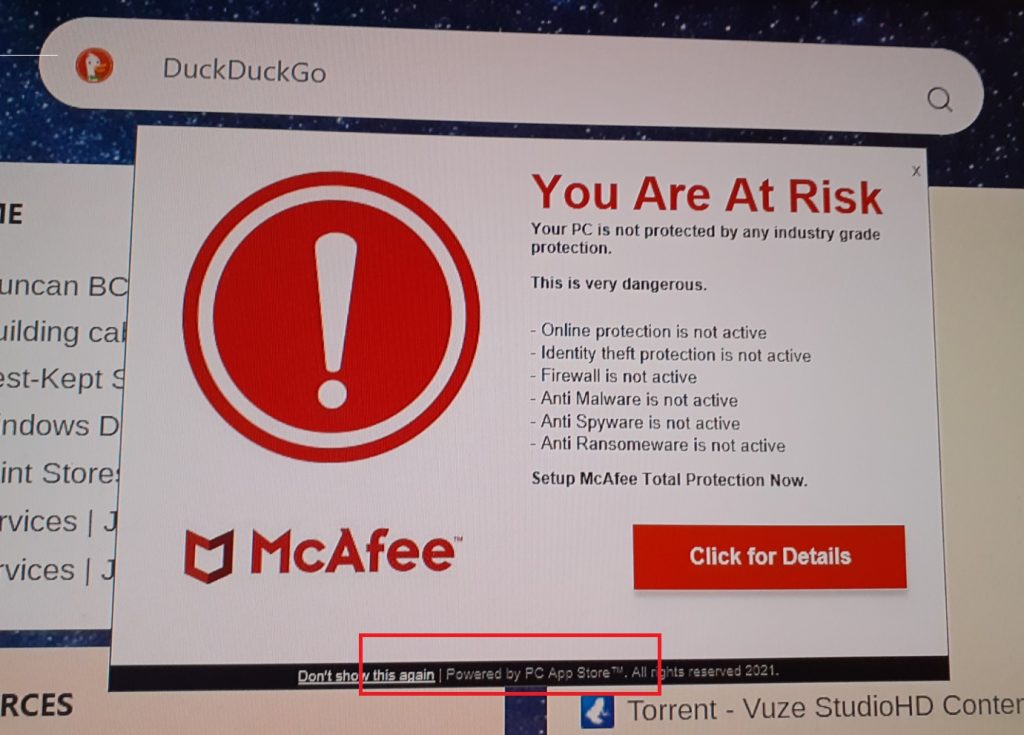 The PC App Store McAfee Pop Up