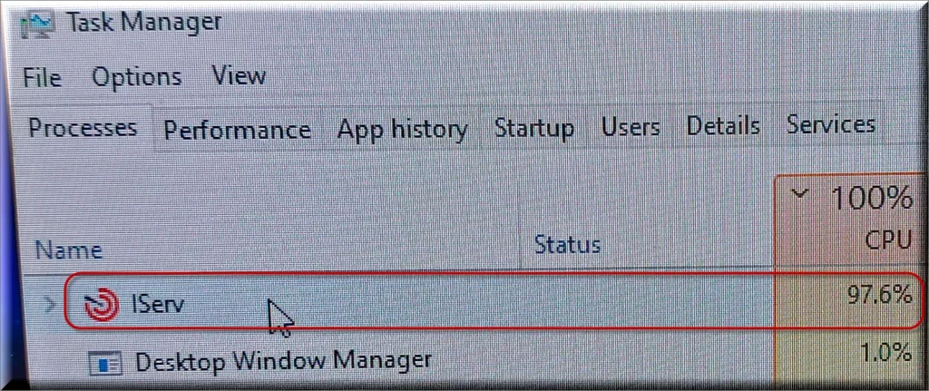 Processes Tab related to the Iserv virus that are using a lot of CPU