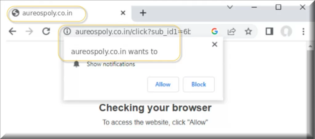 The Aureospoly.co.in virus browser hijacker asking for permissions