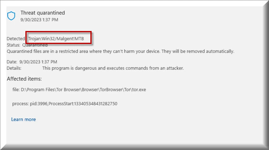 The Trojan Win32 Malgent malware detection by Windows Defender