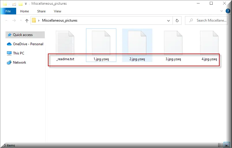 Files encrypted by Yzaq virus ransomware (.yzaq extension)