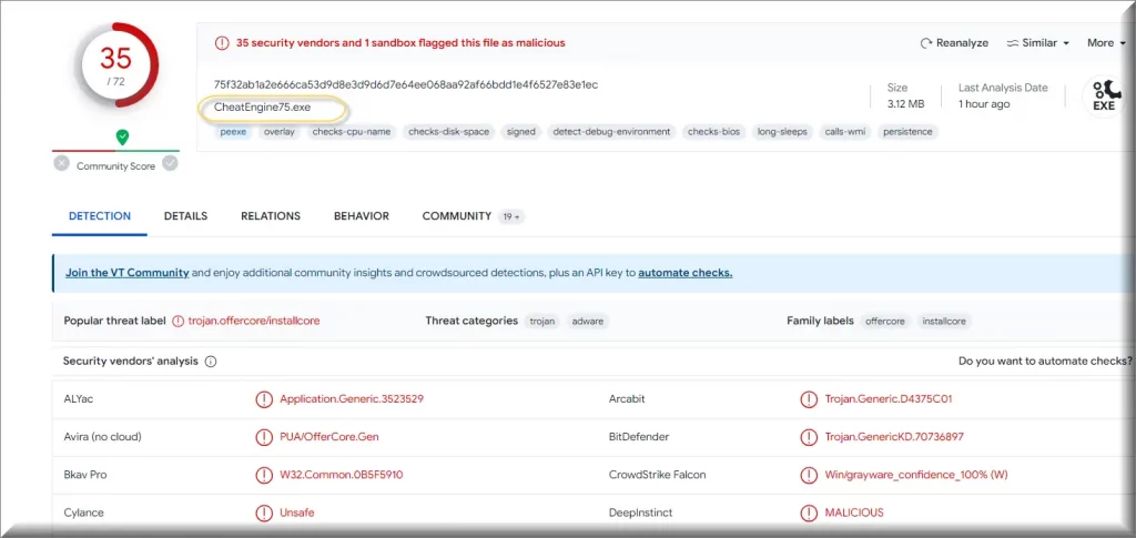 CheatEngine75 malware detections on VirusTotal