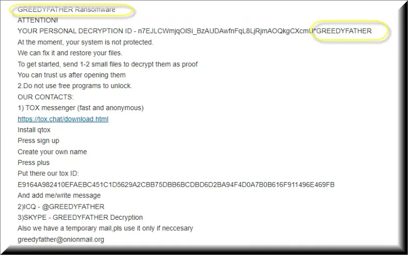 The GREEDYFATHER ransomware virus text file