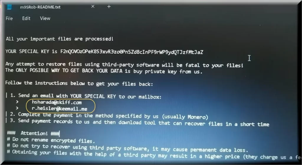 The HsHarada virus ransomware text file