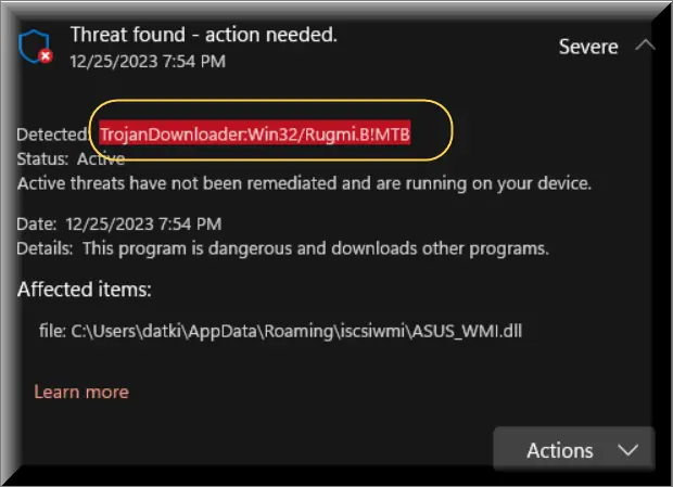 The Rugmi malware detected by antivirus program