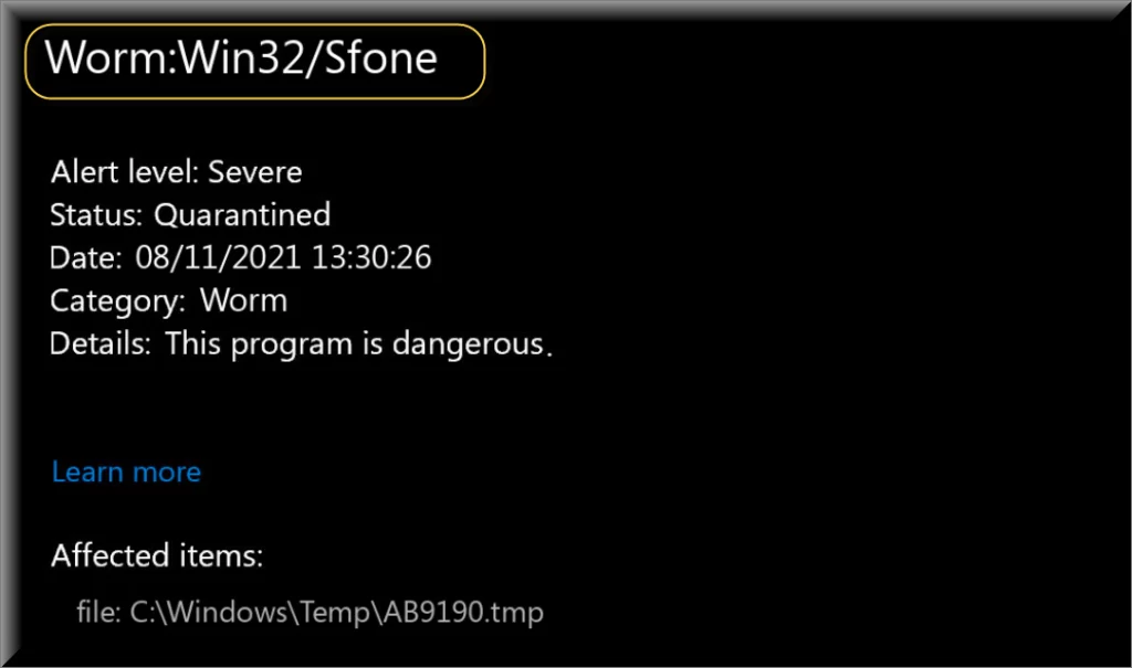 Sfone malware detections on antivirus program