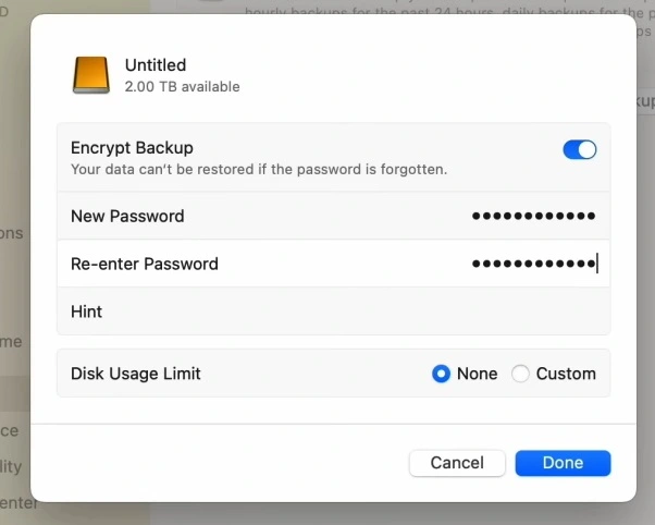 mac time machine choose password
