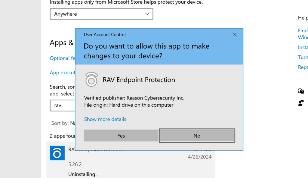 rav endpoint uninstall