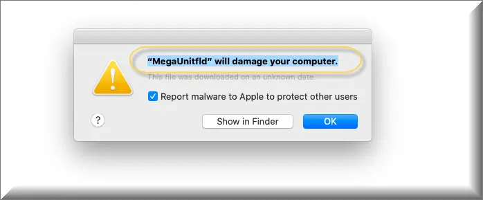 The MegaUnitfld virus pop-up on Mac