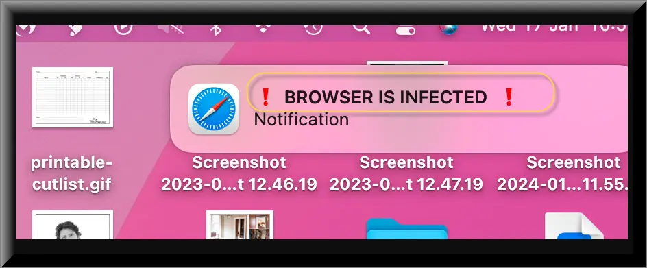The"Browser is infected" pop-up notification on Mac