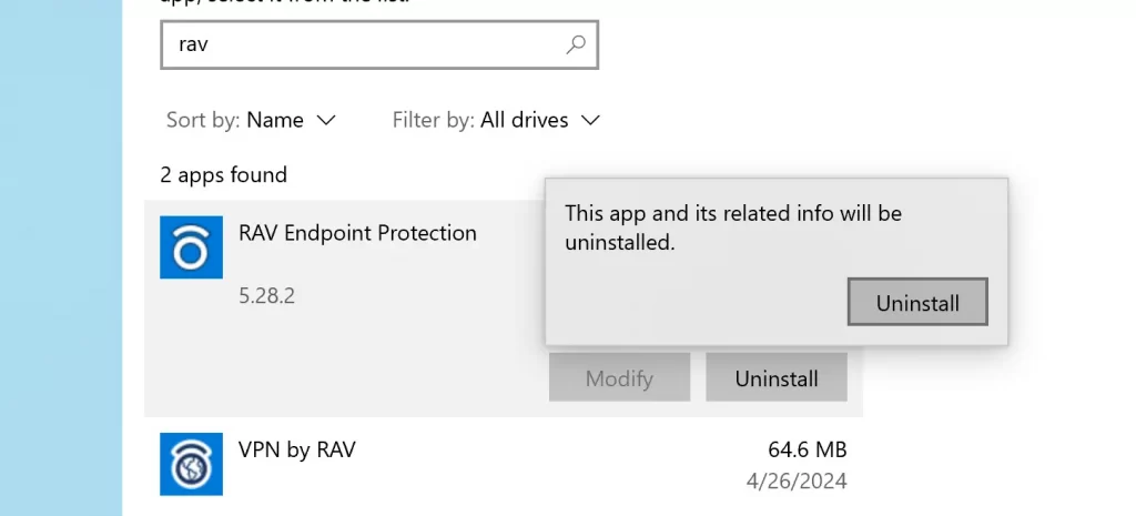 rav endpoint uninstall