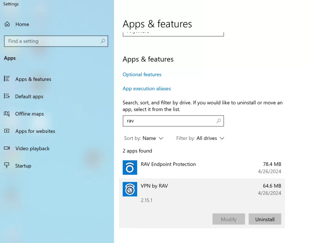 rav vpn uninstall
