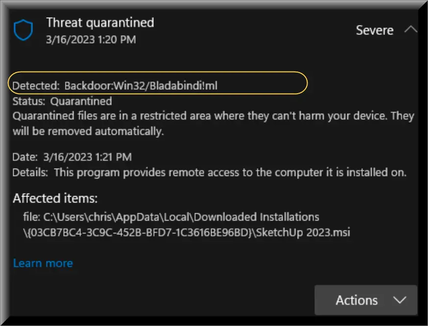 Bladabindi remote access trojan detected by antivirus program