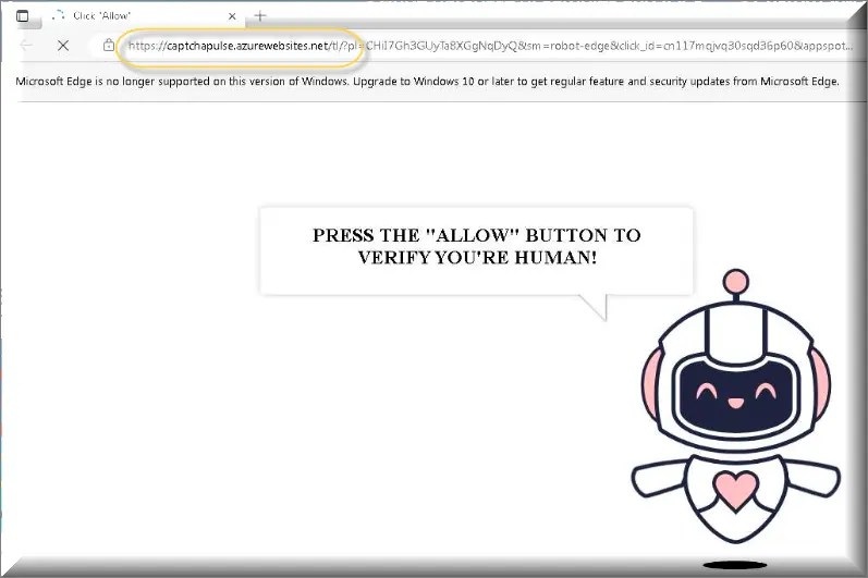 Chrome browser is redirected to Captchapulse.azurewebsites.net