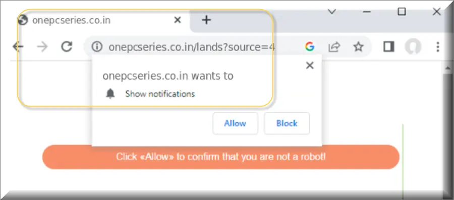 Chrome browser is redirected to Onepcseries.co.in