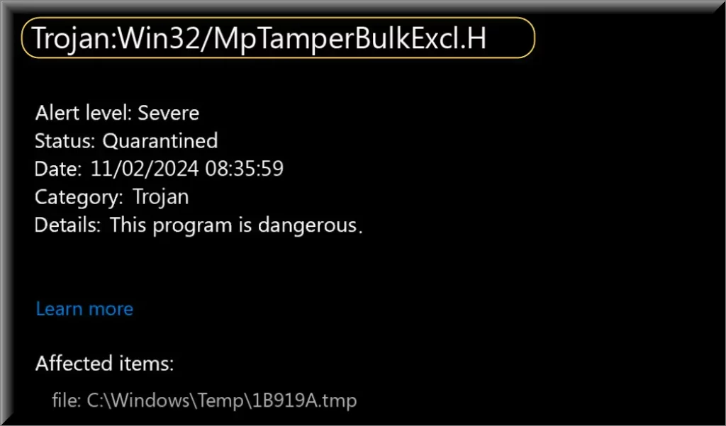 Trojan:Win32/MpTamperBulkExcl.H windows-based malware