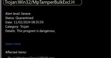 Trojan:Win32/MpTamperBulkExcI.H windows-based malware