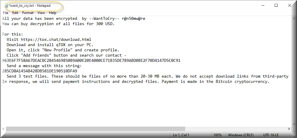 WantToCry virus ransomware text file (!want_to_cry.txt)