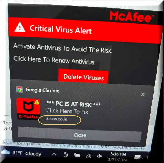 The Alsxw.co.in pop up McAfee alert with text'Critical Virus Alert, PC At Risk, Click here to fix'.