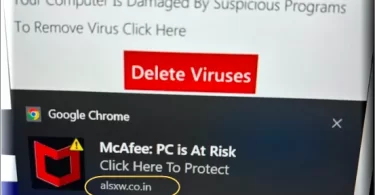Alsxw.co.in McAfee virus alert pop-up saying computer is damaged by suspicious programs, with a removal link