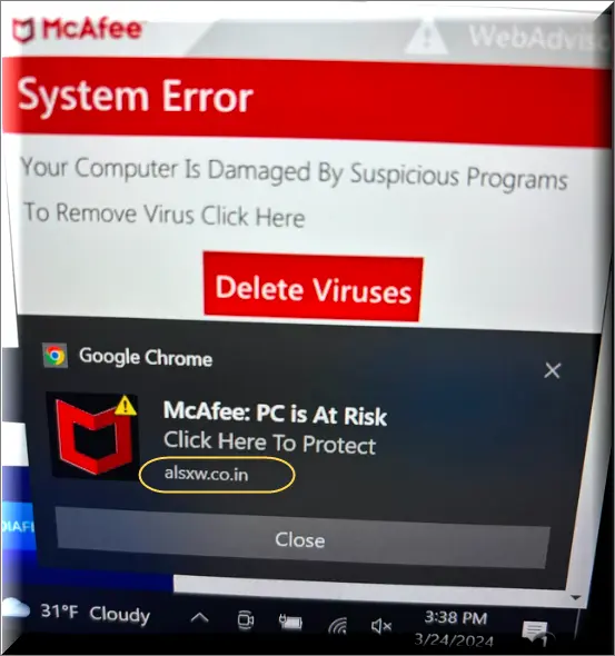 Alsxw.co.in McAfee virus alert pop-up saying computer is damaged by suspicious programs, with a removal link