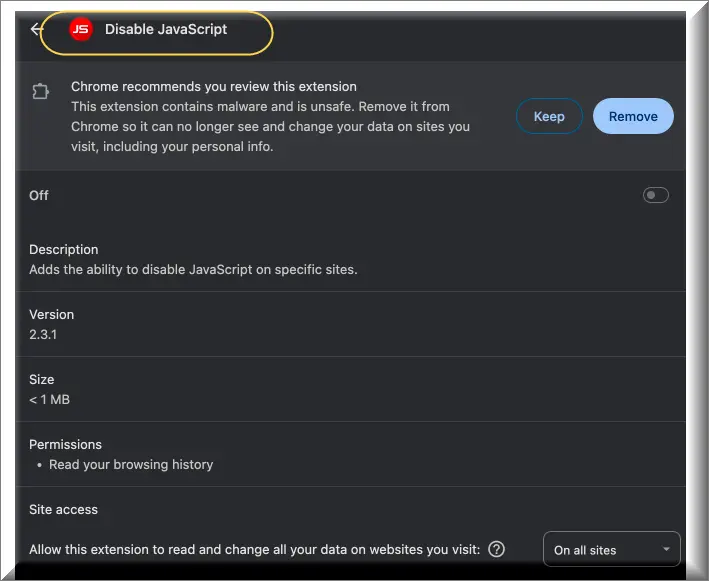 Alert image: 'Disable JavaScript' extension flagged as malware, advising immediate removal for data safety.