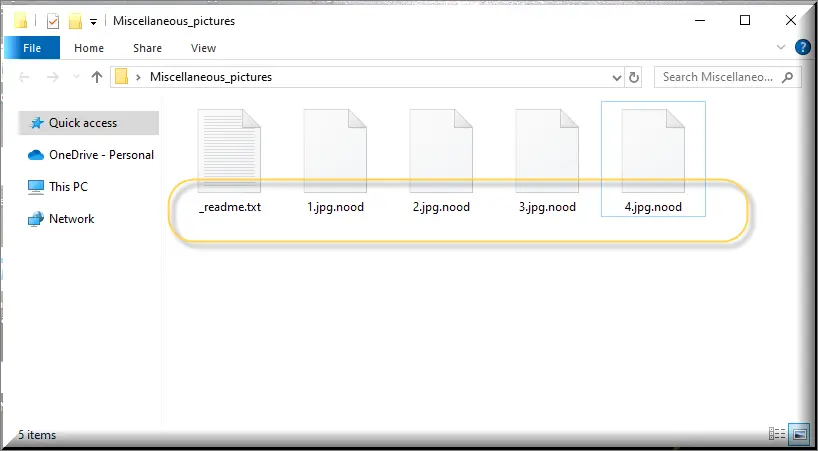 Archivos cifrados por el ransomware del virus Nood (extensión .nood)