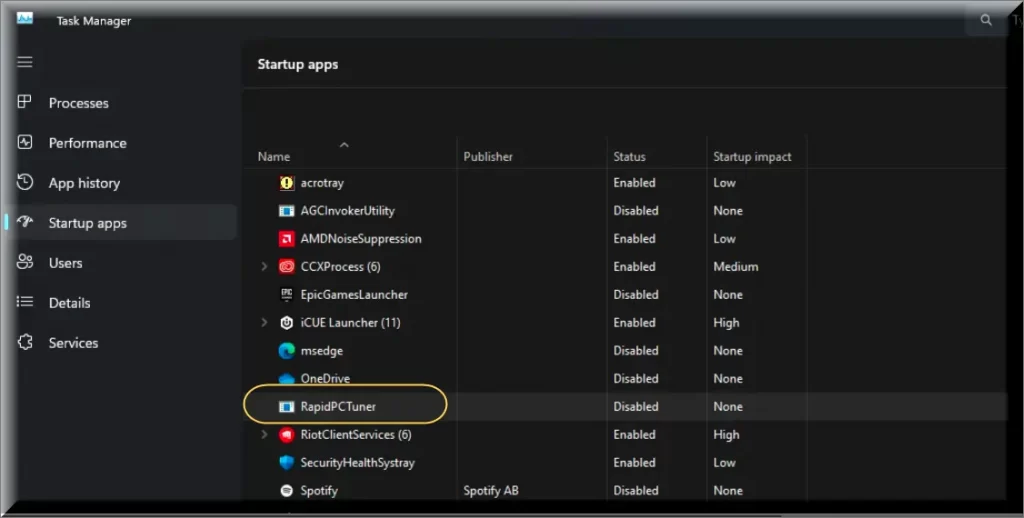 Screenshot of the RapidPCTuner virus in Startup apps