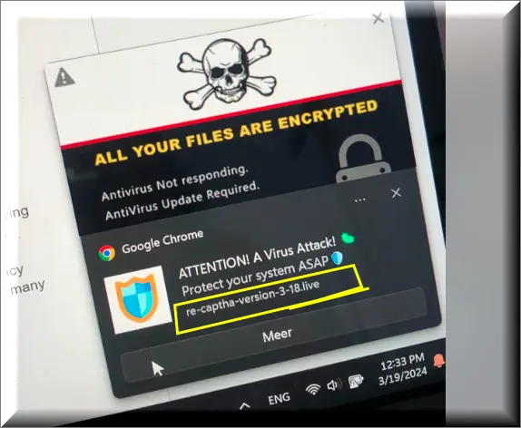 An ominous computer screen displaying a scam alert message with text that reads: 'All your files are encrypted. Antivirus not responding. Antivirus update required. ATTENTION! A virus attack. Protect your system ASAP.' The background is a blurred digital interface, suggesting a sense of urgency and danger.