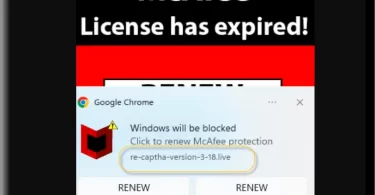 Screenshot of a deceptive security warning pop-up claiming to be from McAfee, stating that the license has expired and Windows will be blocked, with a prompt to click to renew McAfee protection. The URL 'Re-captha-version-3-18.live' is suspiciously displayed, indicating a scam attempt.