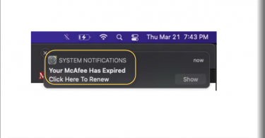 Fake'SYSTEM NOTIFICATIONS' pop-up saying'Your McAfee has expired. Click here to renew.'