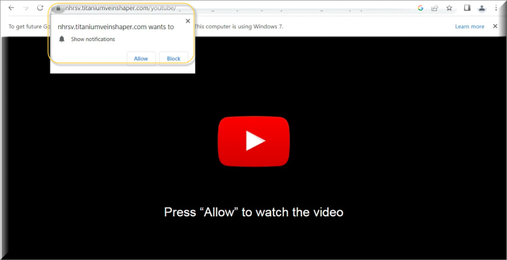 Warning sign over Titaniumveinshaper virus alert urging users to press'Allow' to view video content.